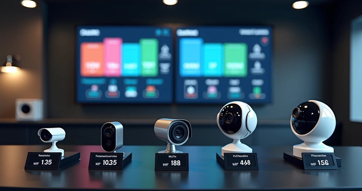 Vitrine com diferentes modelos de câmeras de segurança exibindo comparativo de preço em monitor 