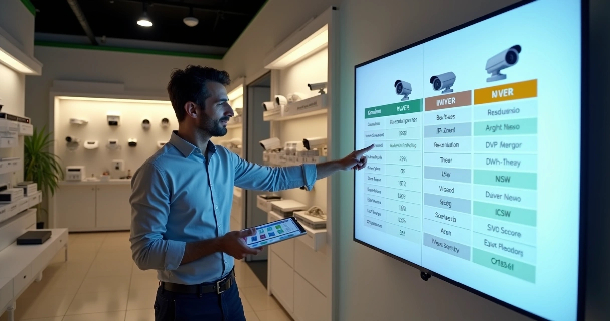 Cliente avaliando comparação de preços e modelos de câmeras de segurança em tela grande 