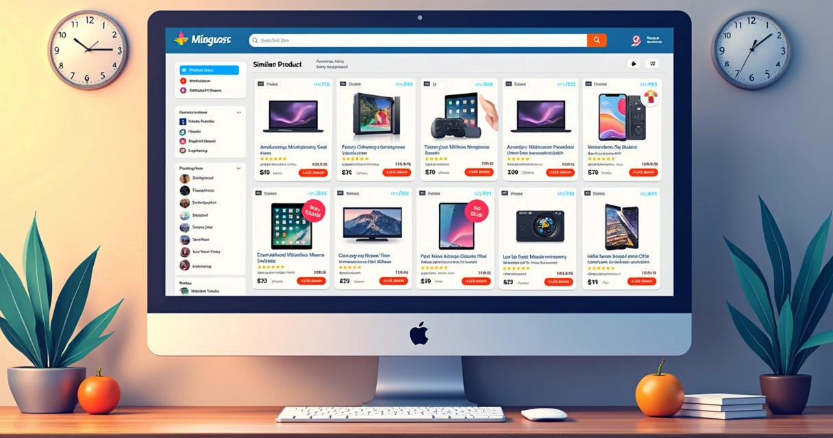Lista de produtos em marketplace com preços destacados e alguns produtos em promoção