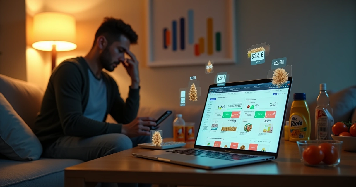 Pessoa compara preços de mercado no notebook rodeada por produtos e notificações de alerta 