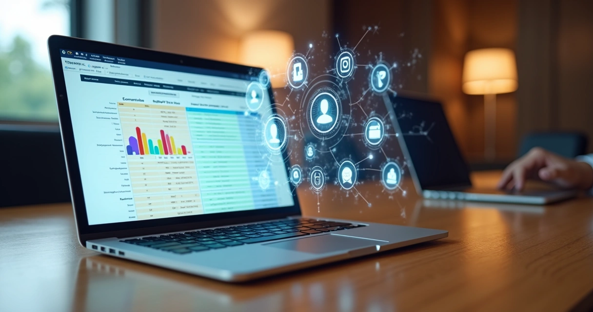 Mesa com laptop mostrando gráficos de comparação de preços de soluções de inteligência artificial com ícones de automação e integração de sistemas no fundo 