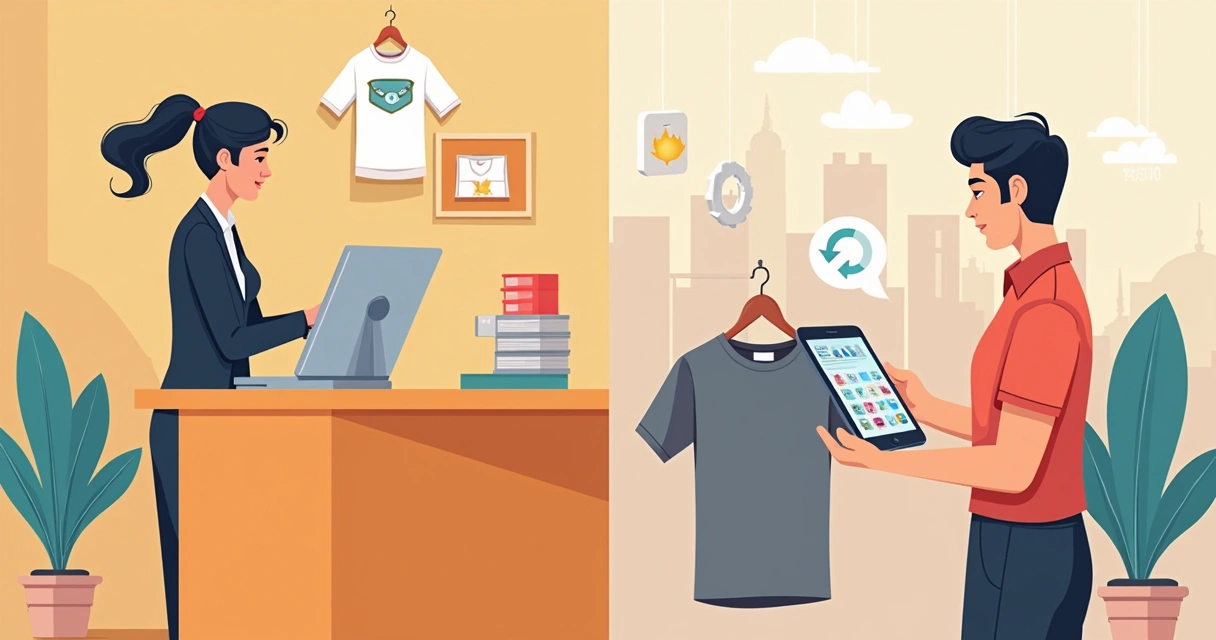 Comparação entre compra presencial e busca online de camisetas personalizadas 