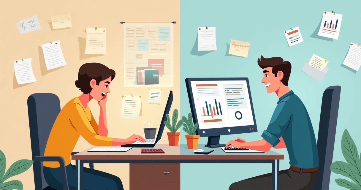 Comparação visual entre processos financeiros manuais e automatizados 