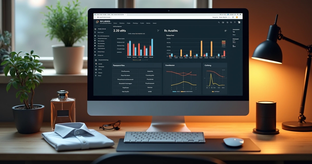 Produtos físicos e digitais sobre mesa com gráficos de comparação 