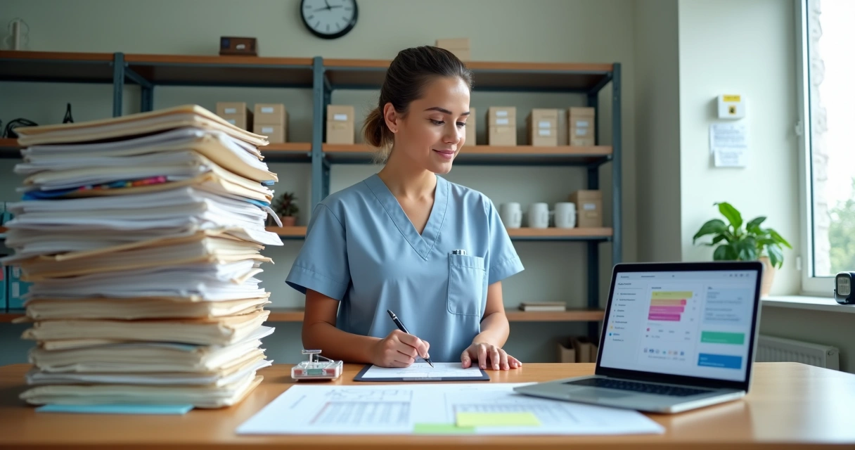 Coordenadora de enfermagem compara prontuário em papel e digital em mesa de trabalho 