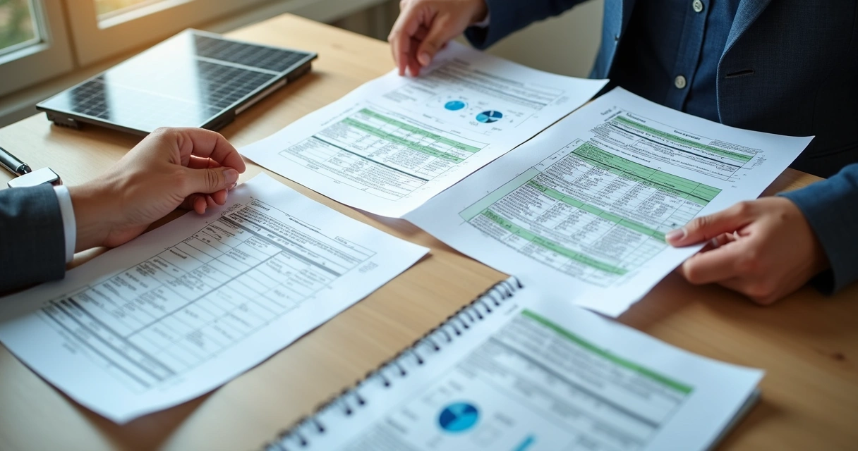 Comparação de orçamentos de placas solares em uma mesa 