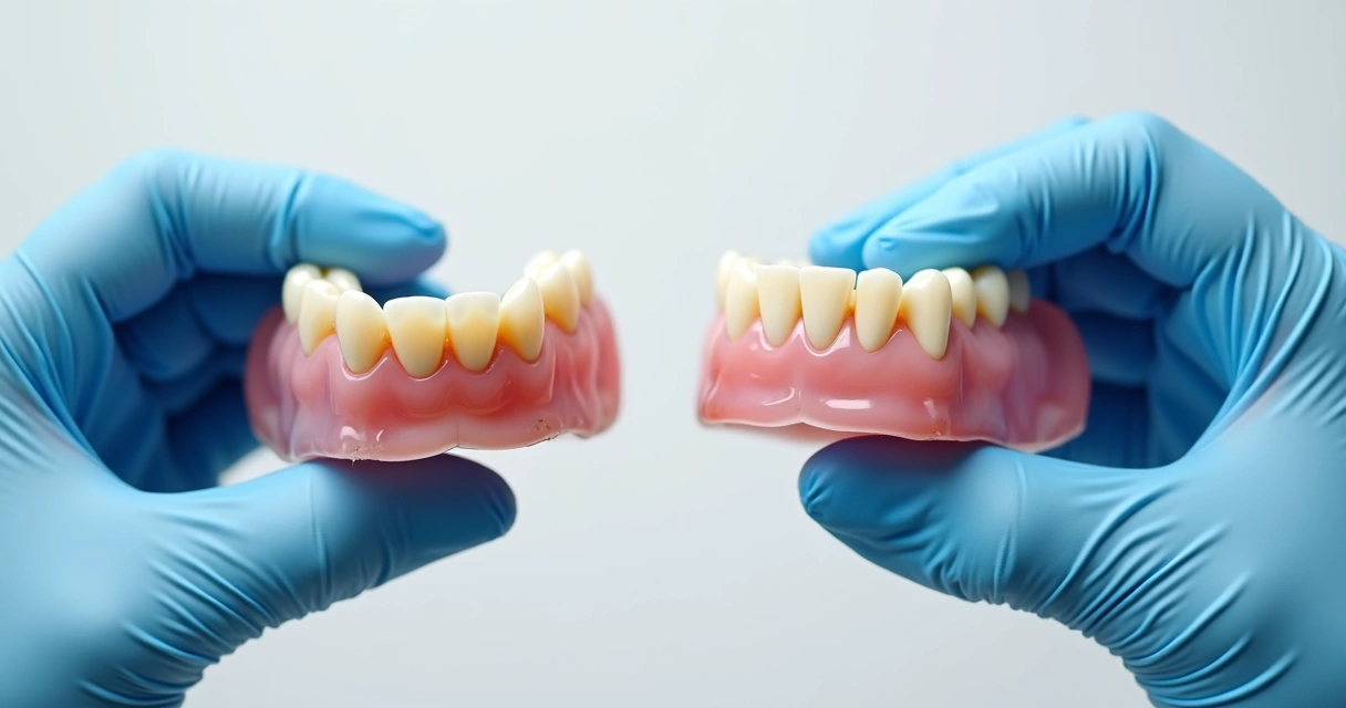 Mão segurando duas próteses flexíveis, uma gasta e outra nova, lado a lado 