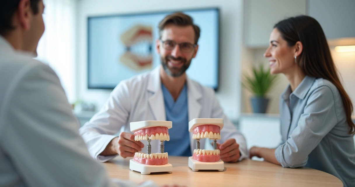 Dentista mostra dois modelos de prótese protocolo para paciente em mesa de atendimento 