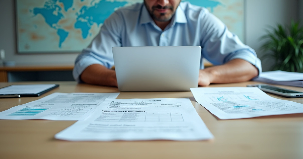 Profissional analisando documentos de protocolos APPCC nacionais e internacionais sobre mesa com mapa-múndi ao fundo 