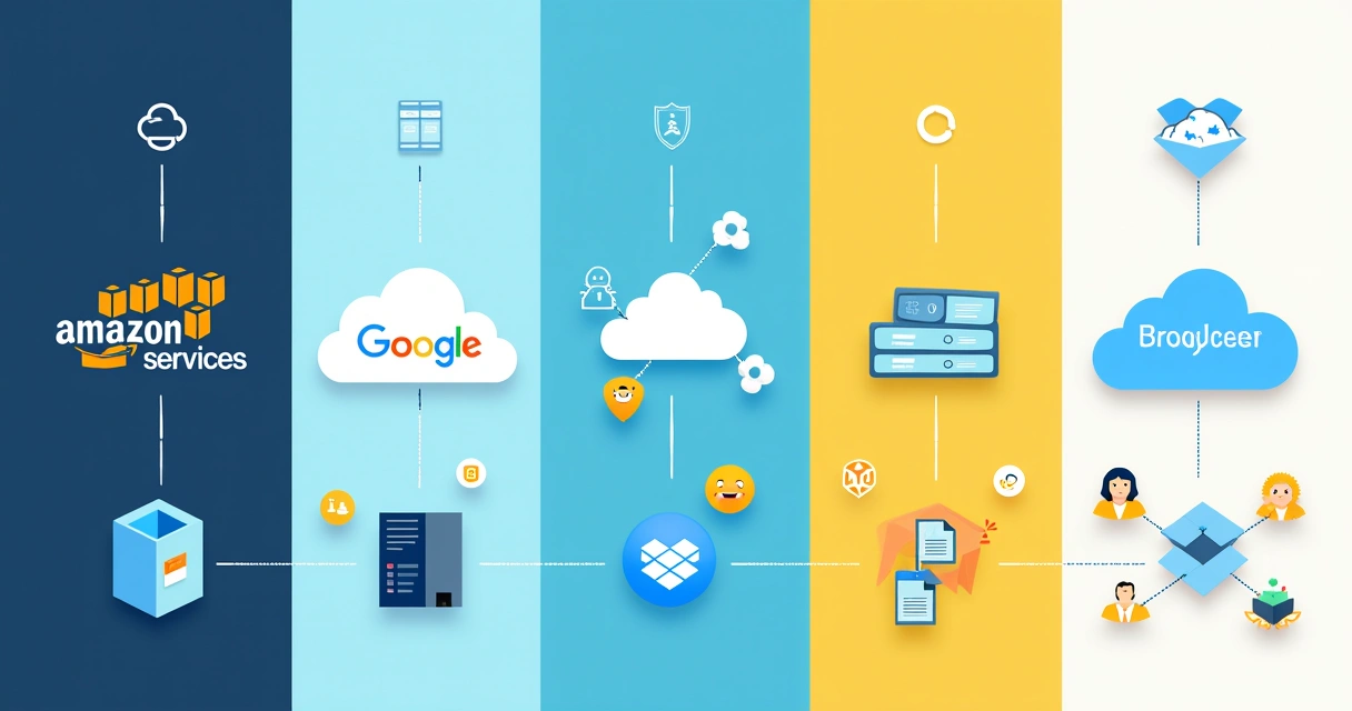 Ilustração dividida comparando cinco provedores de backup na nuvem, destacando Amazon, Google, Microsoft, Backblaze e Dropbox.