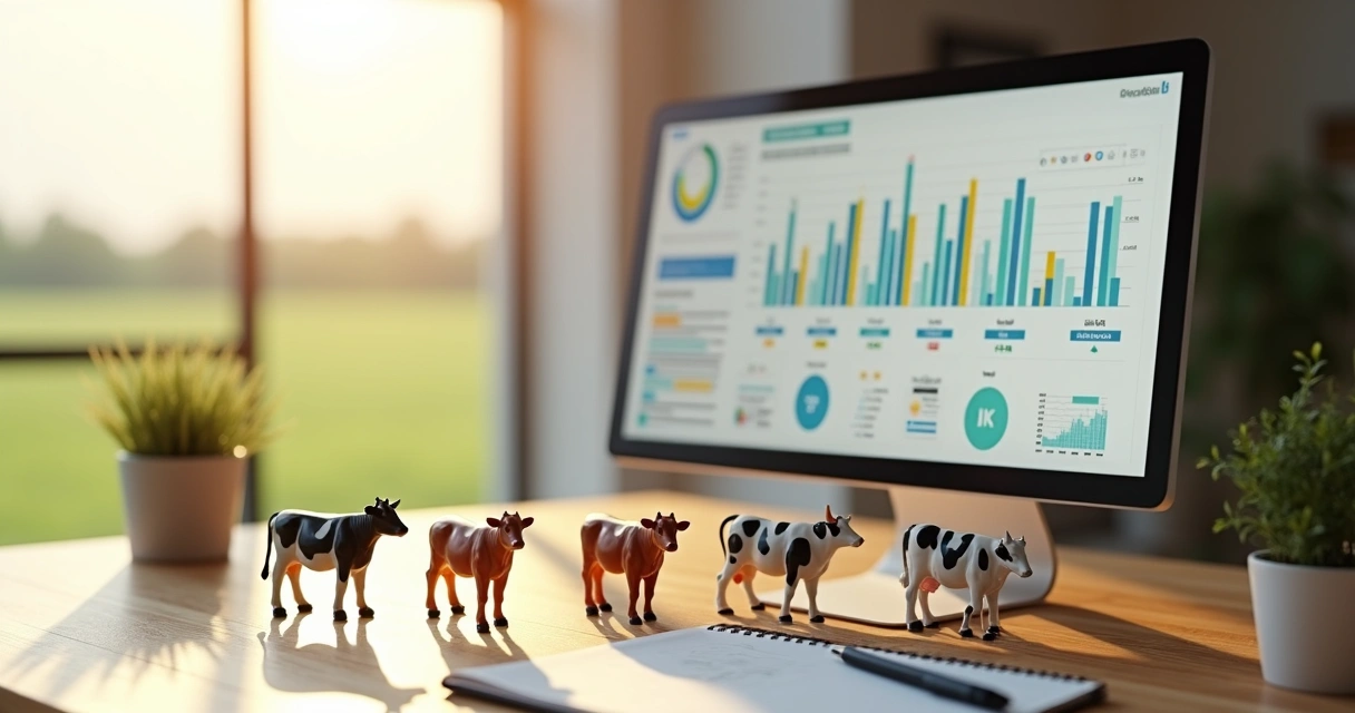 Várias raças de vacas leiteiras lado a lado com gráficos de produção de leite ao fundo 