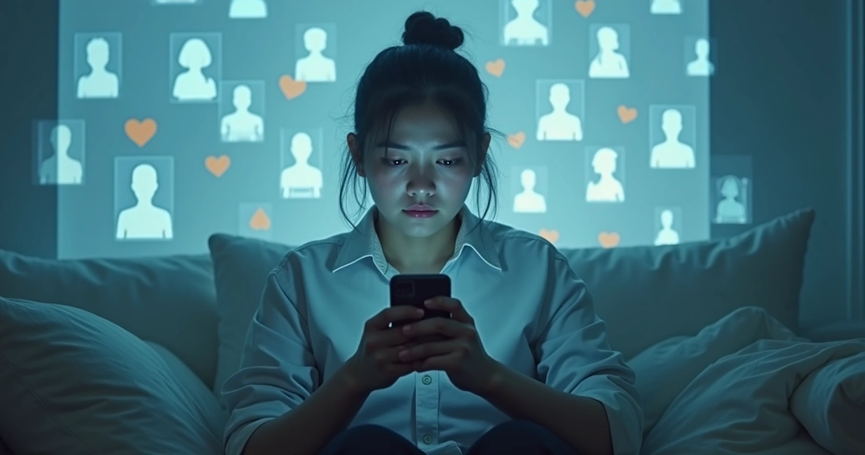 Pessoa diante do celular cercada por reflexos e telas sociais 