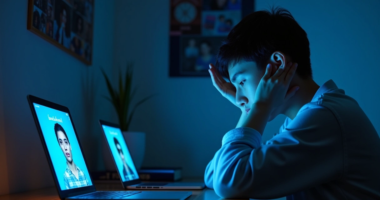 Adolescente olhando para telas de redes sociais, expressão de comparação