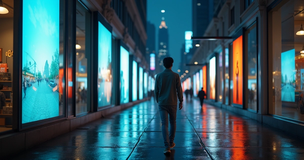 Pessoa caminhando diante de vitrines digitais com reflexos diferentes de si mesma 