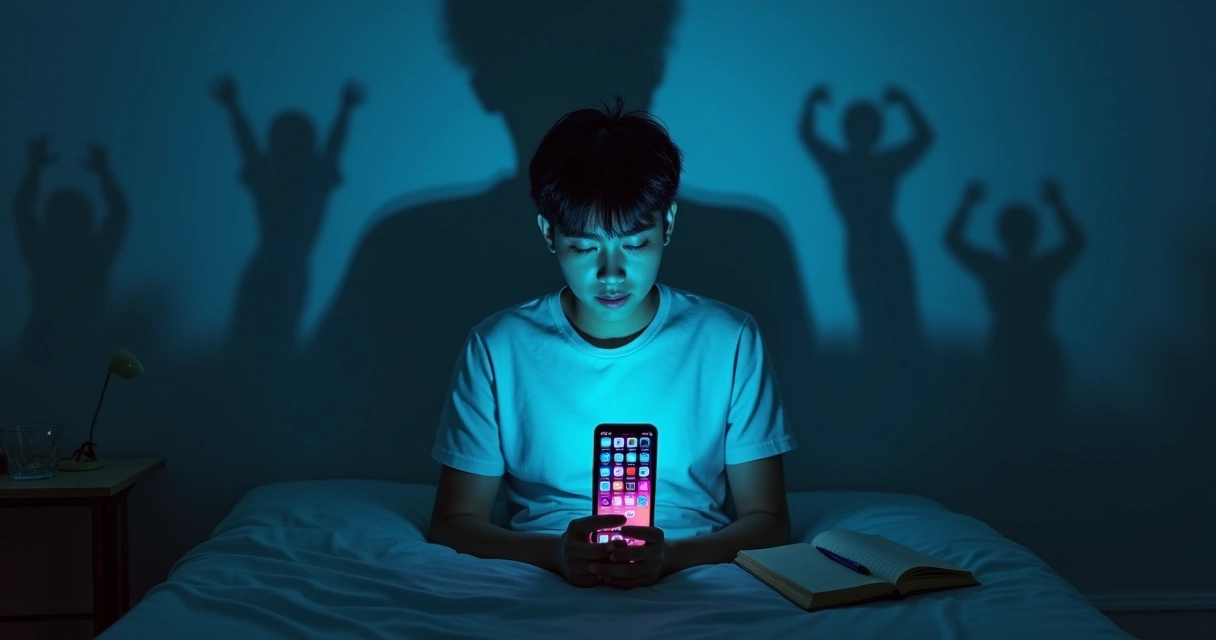 Pessoa analisando feed de redes sociais com sombras projetando outras figuras ao redor 