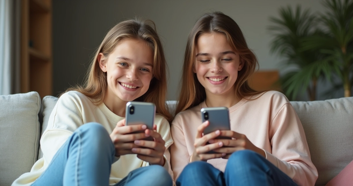 Duas pessoas sentadas lado a lado olhando celulares com expressões diferentes 