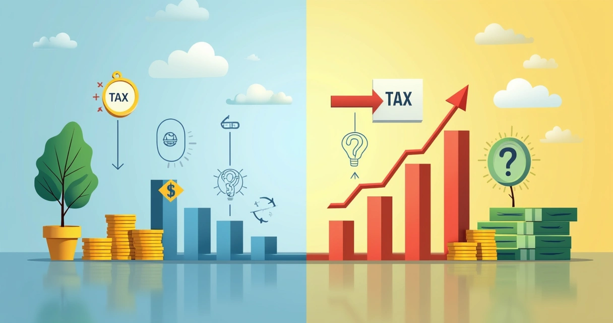 Gráfico comparando sistema tributário atual e novo modelo com dinheiro e porcentagens. 