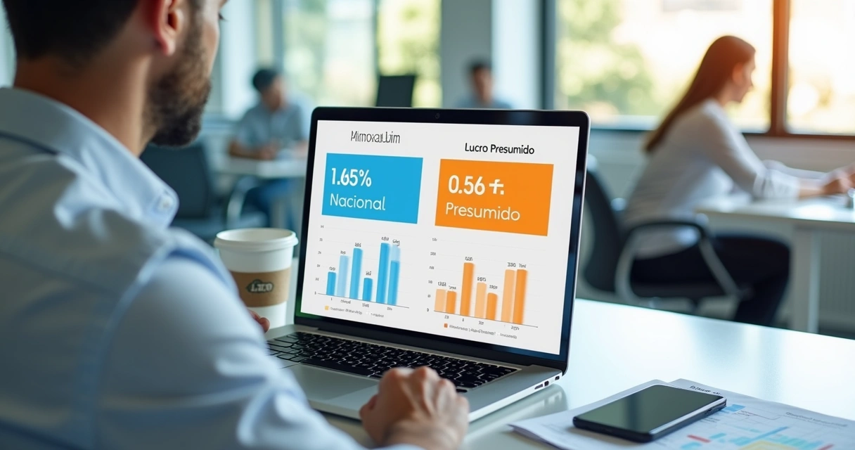 Empresário de tecnologia comparando regimes tributários Simples Nacional e Lucro Presumido na tela do notebook 