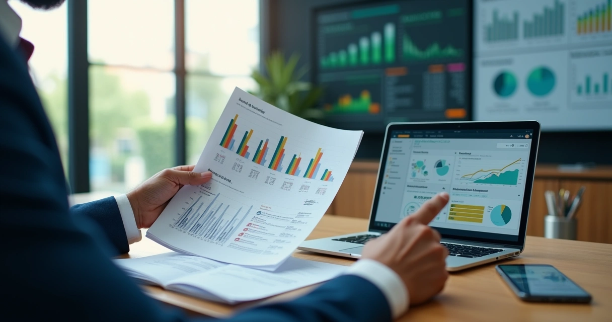 Gestor compara relatório impresso com painel de dados em tempo real no notebook 