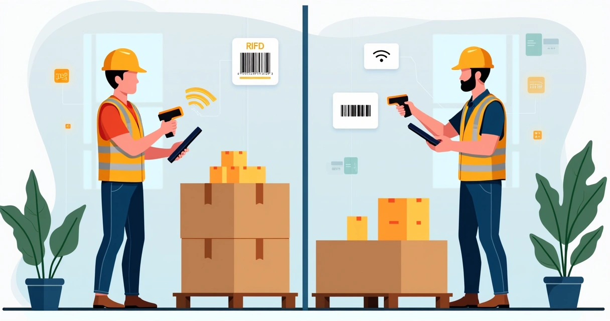 Comparação visual entre RFID e código de barras, com produtos representando cada tecnologia.