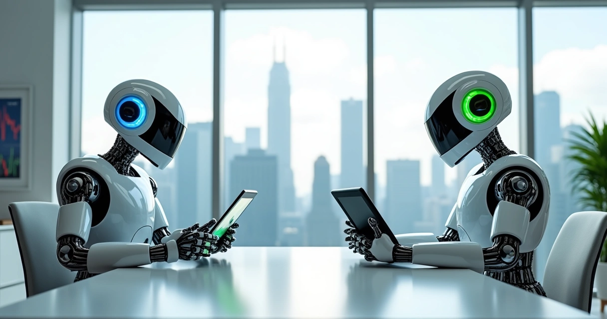 Dois robôs representando MetaTrader e TradingView em uma mesa de trabalho 