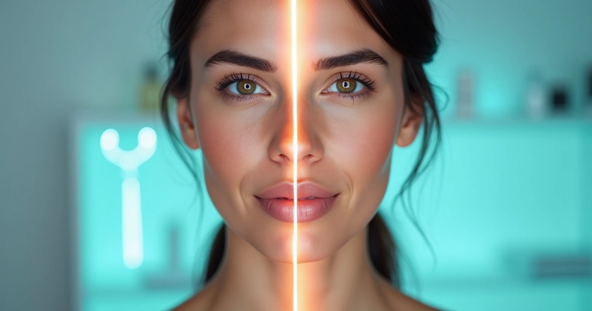 Rosto feminino dividido meio a meio com simulação de resultados de microagulhamento e laser 