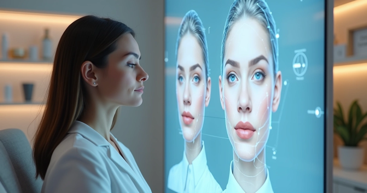 Mulher analisando projeções de preenchimento facial com ácido hialurônico em tela transparente 