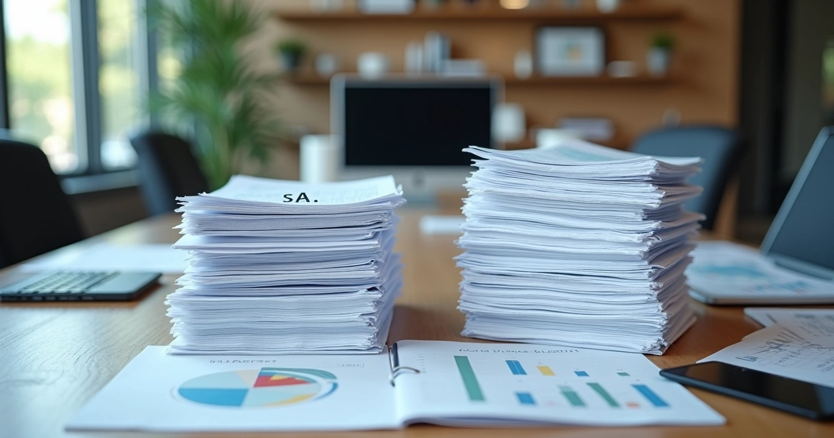 Comparação visual entre documentos de S.A e Ltda, com duas pilhas de papéis, gráficos e computadores em fundo de escritório 