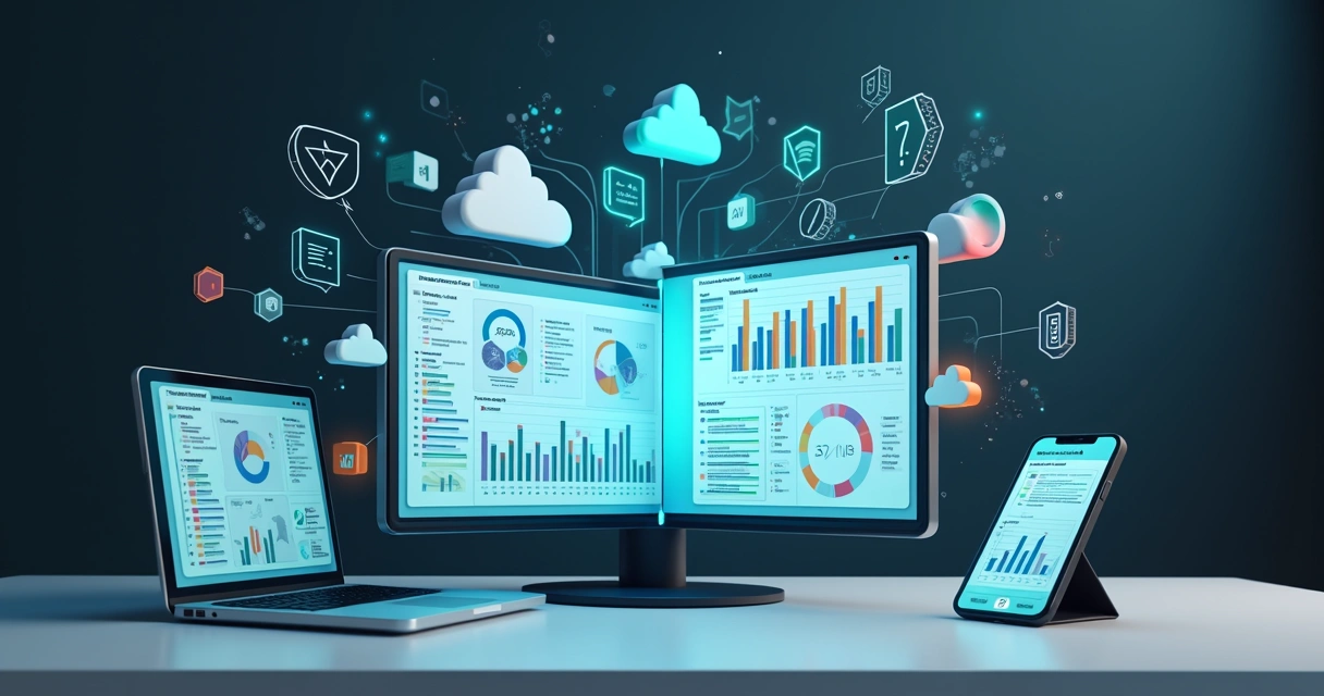 Representação visual realista comparando SaaS e Micro-SaaS com gráficos, diferentes dispositivos e ícones tecnológicos 