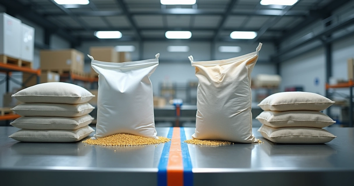 Comparação de saco de ráfia laminado e convencional com grãos em ambiente industrial 
