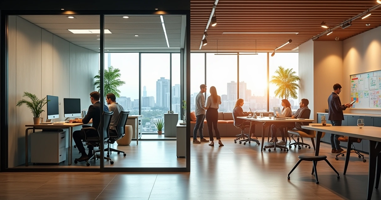 Ambiente dividido entre sala privativa envidraçada e área aberta de coworking 