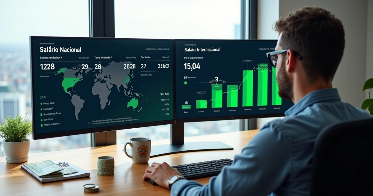 Desenvolvedor compara salário nacional e internacional em tela com moedas diferentes 