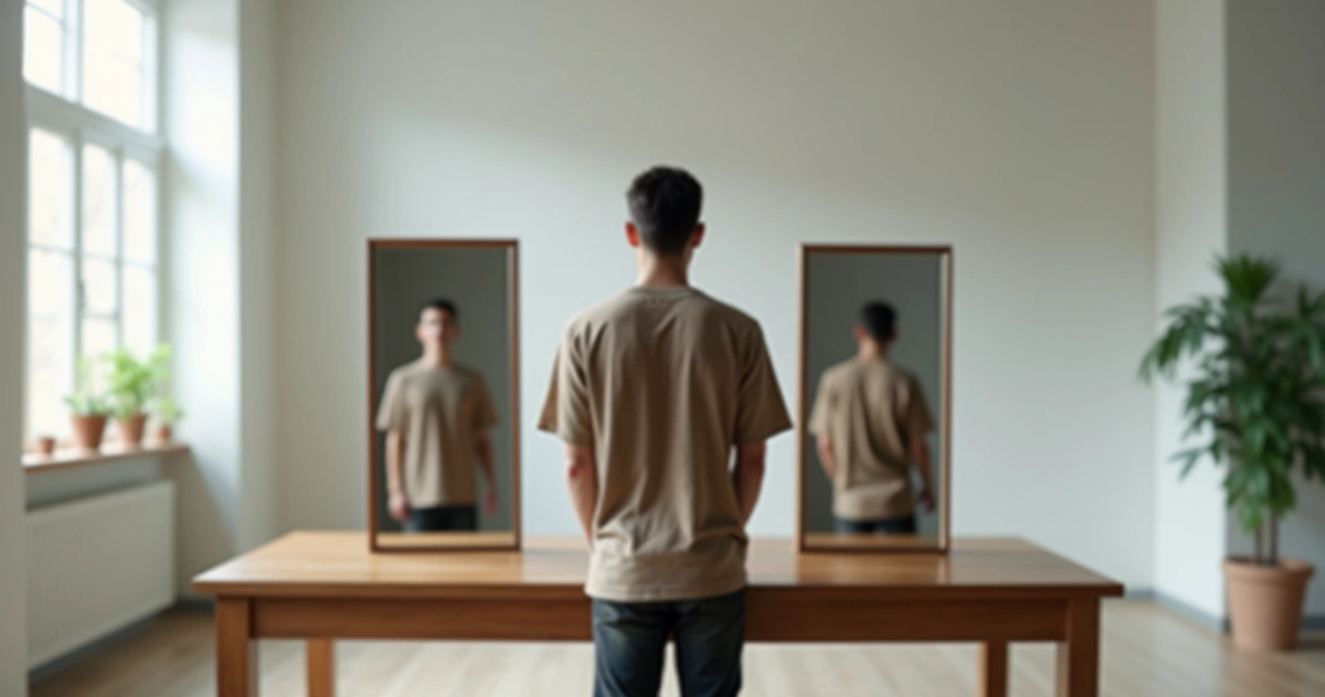 Pessoa observando dois reflexos diferentes em espelhos diante de si 