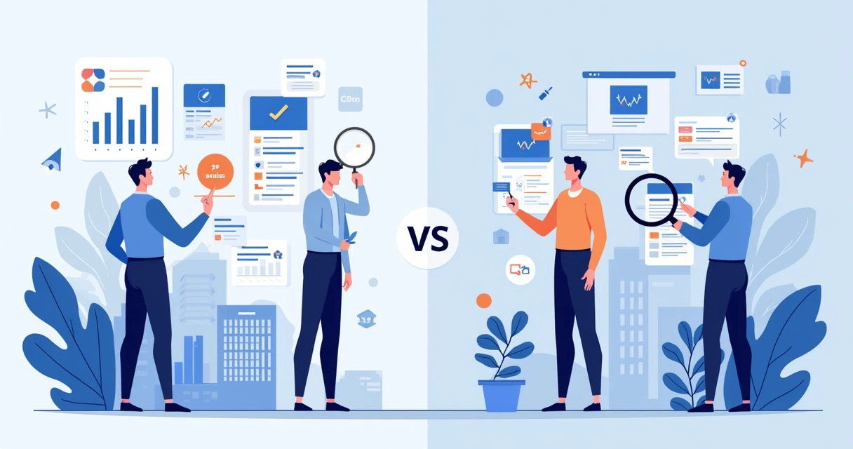 Ilustração corporativa mostrando comparação entre estratégias de IA da Scale AI e Surge AI, com gráficos, ícones de dados e pessoas trabalhando 