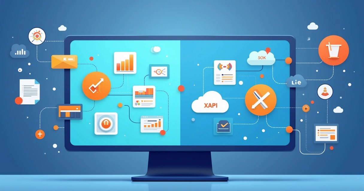 Comparação visual entre SCORM e xAPI em dois painéis lado a lado, com símbolos de rastreamento digital 