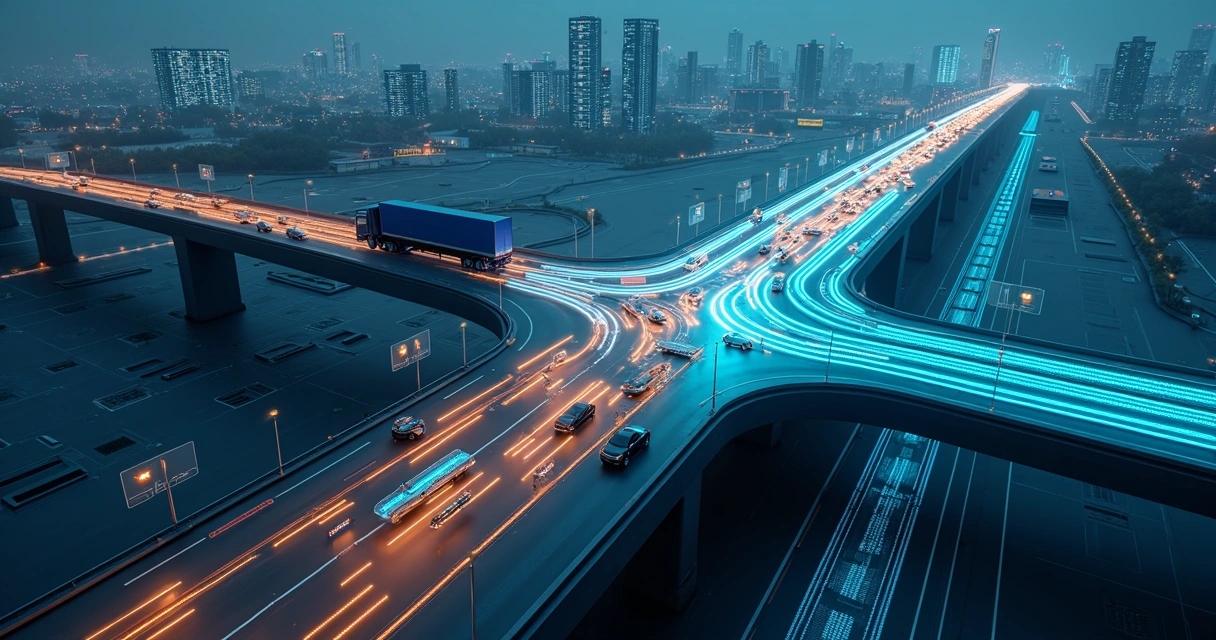 Comparação visual entre duas rotas de rede corporativa em autoestrada digital futurista 