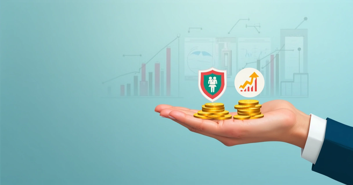 Mão segurando símbolos de seguro e investimento lado a lado 