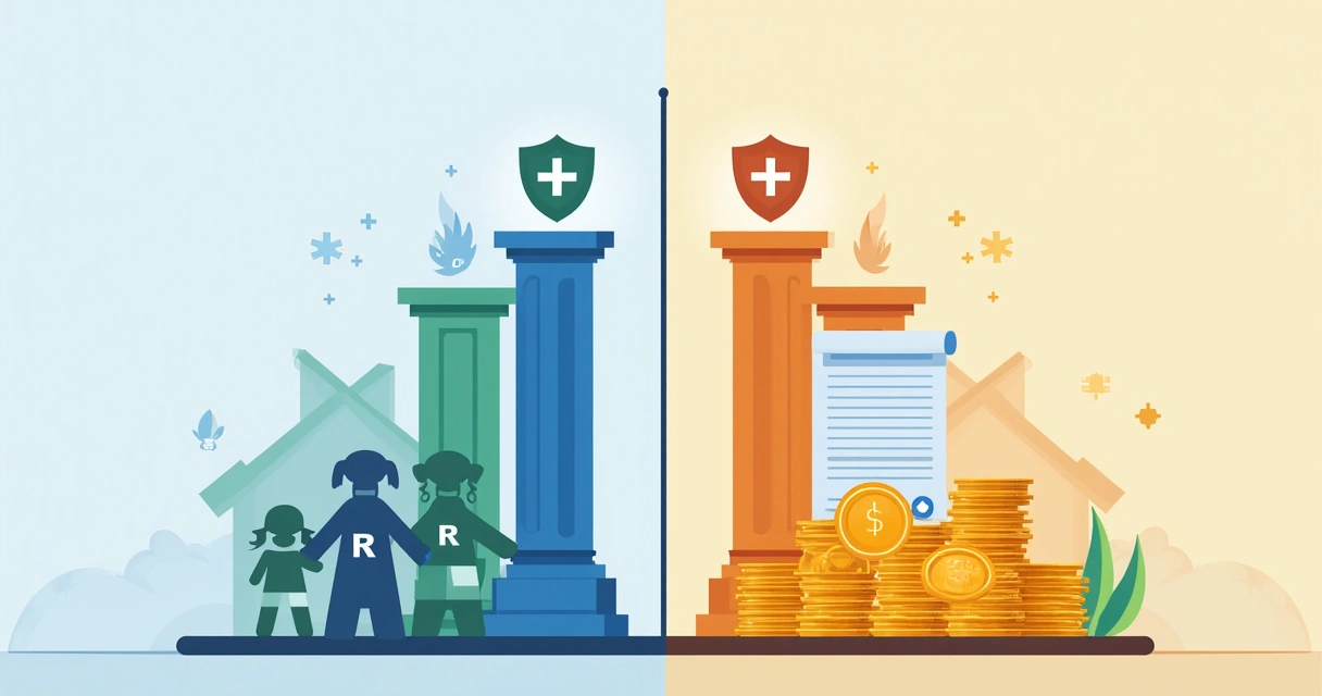 Quadro comparativo entre seguro tradicional e resgatável, com símbolos de dinheiro e escudos. 