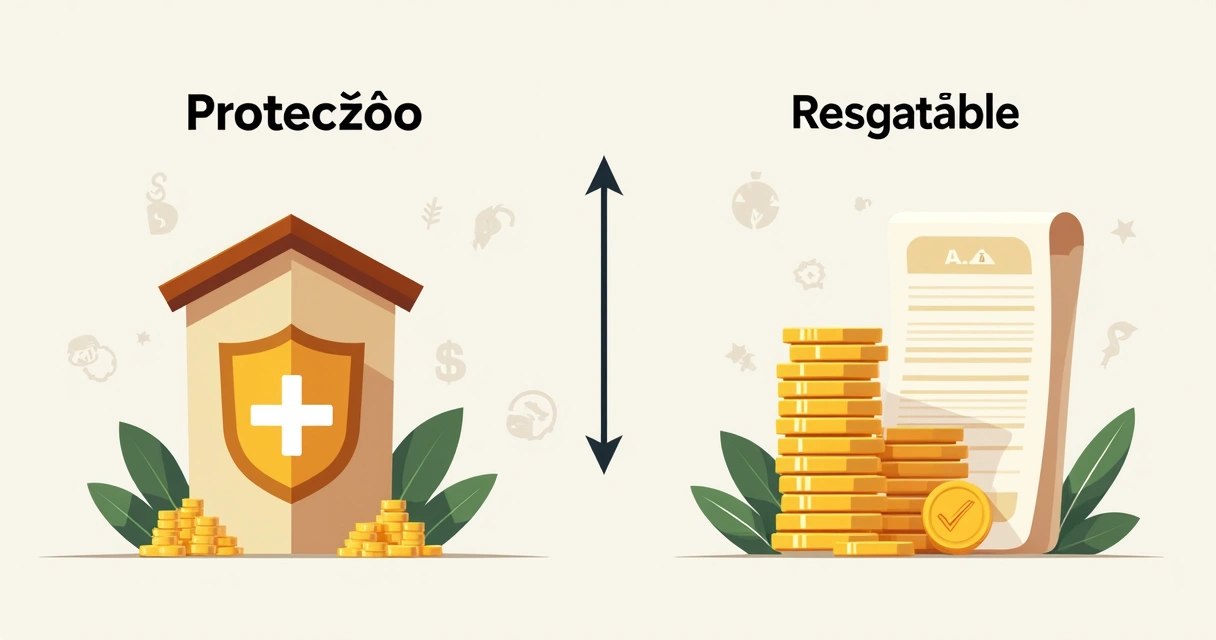 Resumo visual das diferenças entre seguro de vida tradicional e resgatável, com ícones representando cada modalidade e setas indicando coberturas e reservas 