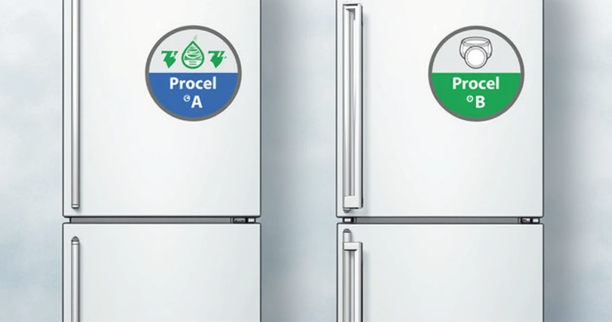 Comparação visual entre selo Procel A e selo Procel B lado a lado 
