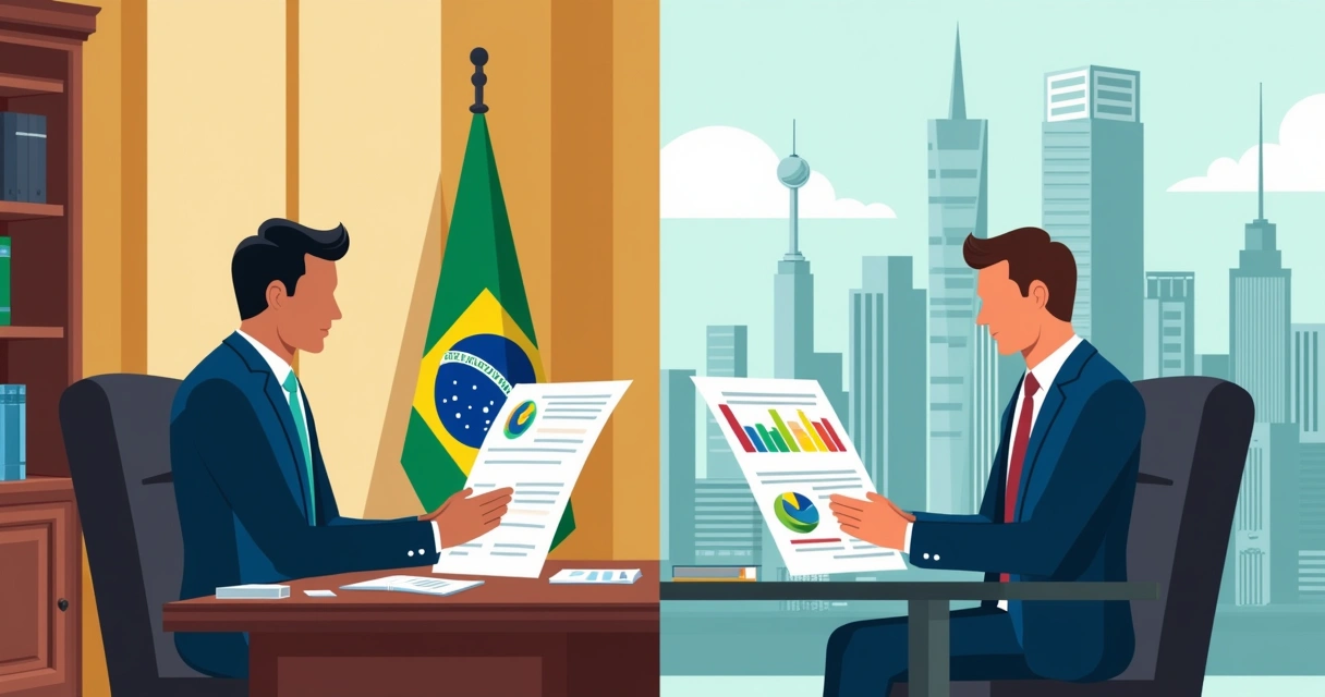 Dois gestores analisando gráficos com prédios do setor público e privado ao fundo 