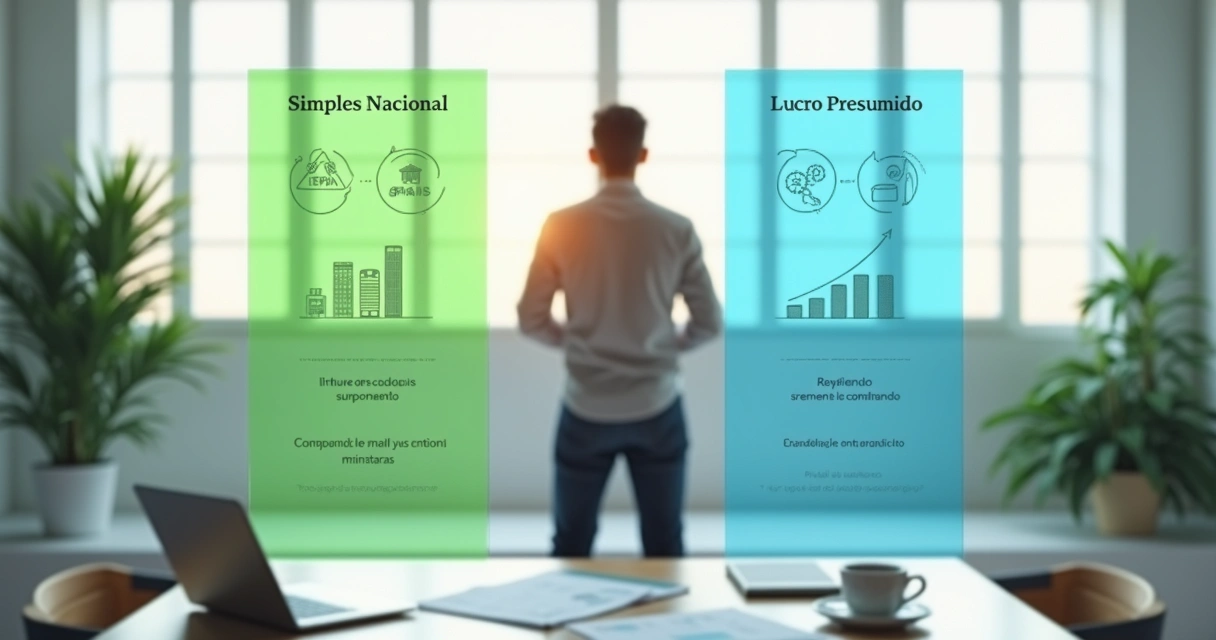 Empresário escolhendo entre Simples Nacional e Lucro Presumido em gráfico de comparação 