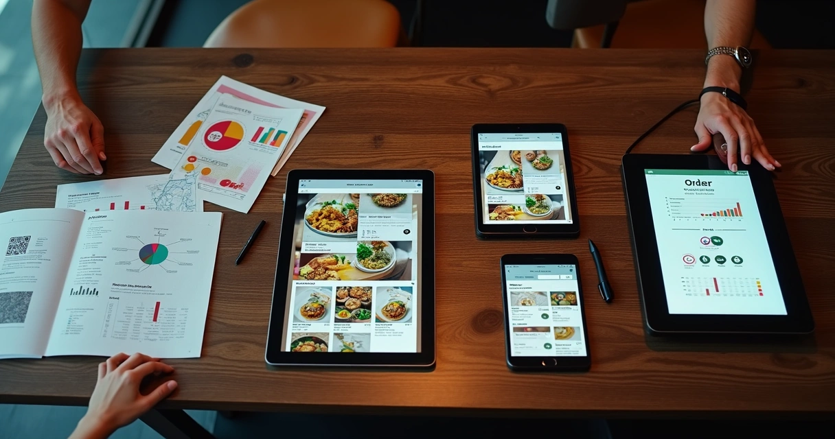Vários dispositivos exibindo diferentes cardápios digitais lado a lado em bancada de restaurante 