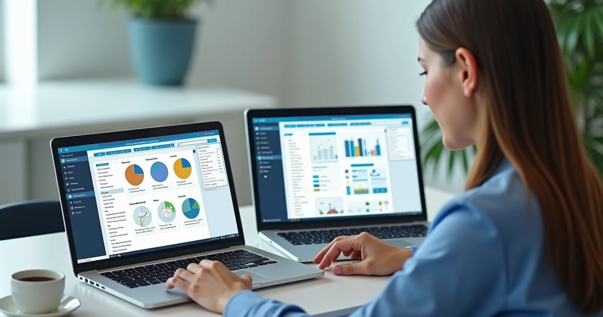 Pessoa analisando relatórios digitais lado a lado 