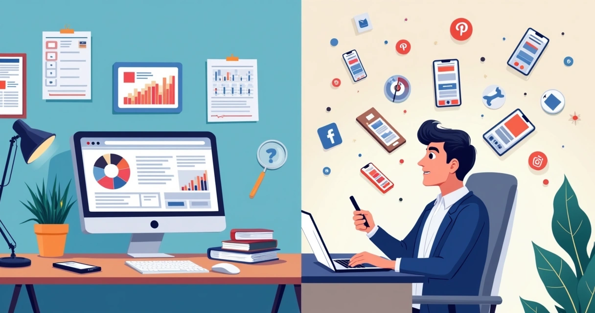 Comparação visual entre site profissional e redes sociais, representando seriedade e desorganização 