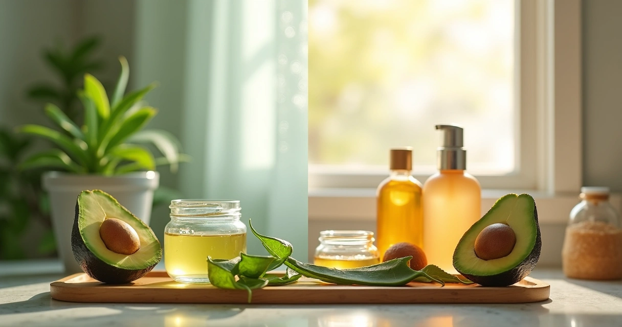 Comparação visual de skincare natural e convencional lado a lado. 