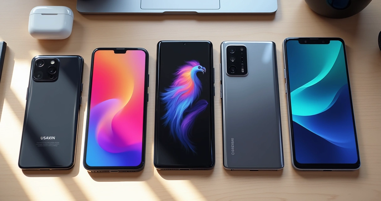 Vários smartphones modernos alinhados sobre uma mesa de madeira vistos de cima 