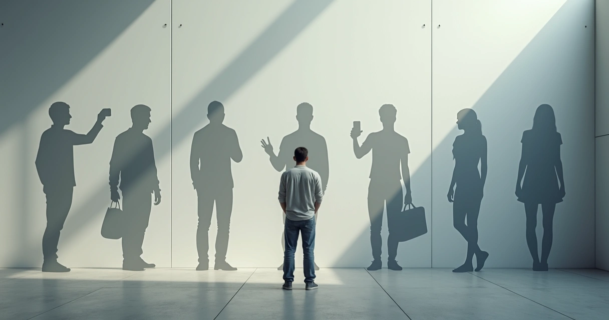 Pessoa em pé diante de várias silhuetas projetadas na parede representando comparação social 