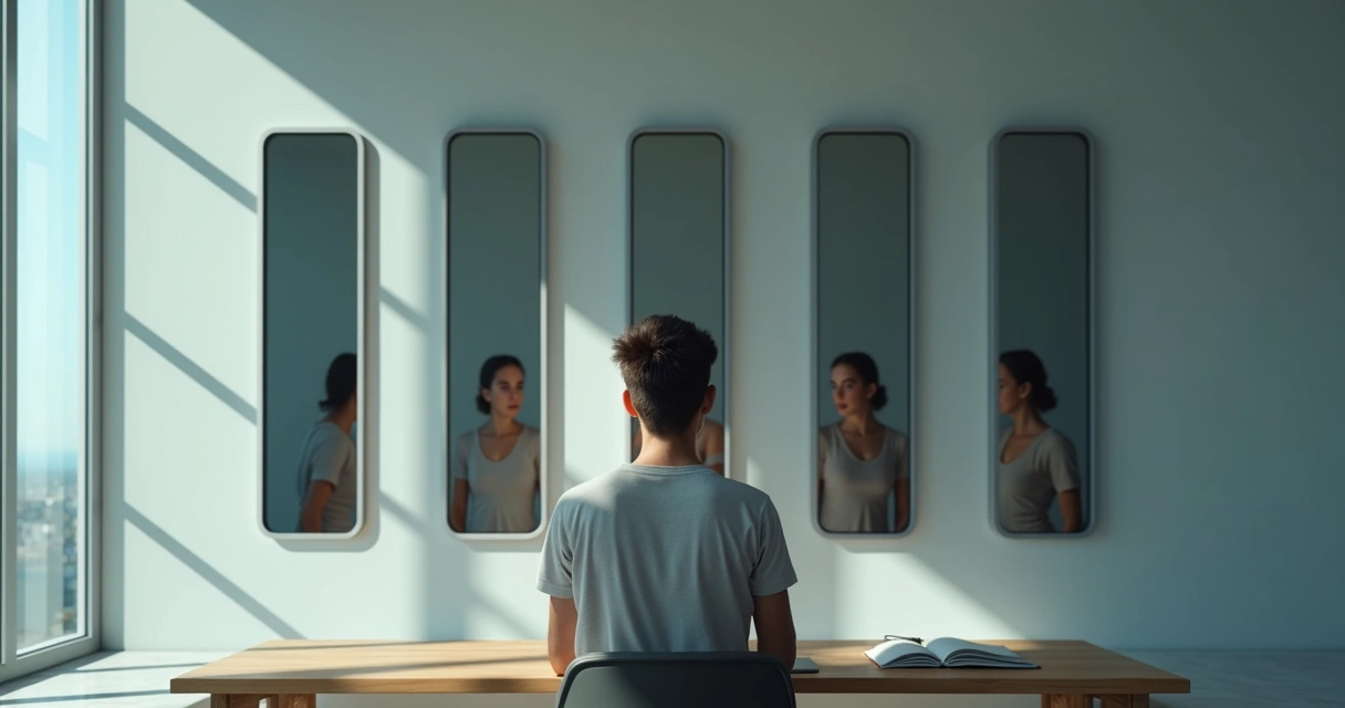 Pessoa olhando para vários reflexos distorcidos em espelhos em formato de redes sociais 