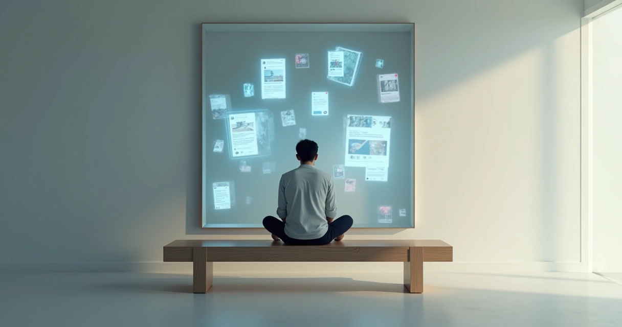 Pessoa cercada de telas de rede social com reflexo confuso no vidro 